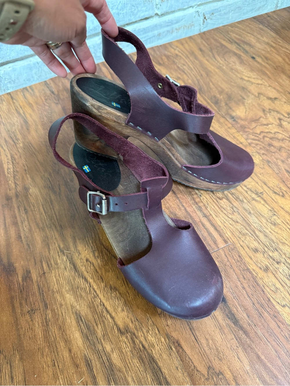 Women’s Burgundy Leather Wedge Clogs with Buckle Strap